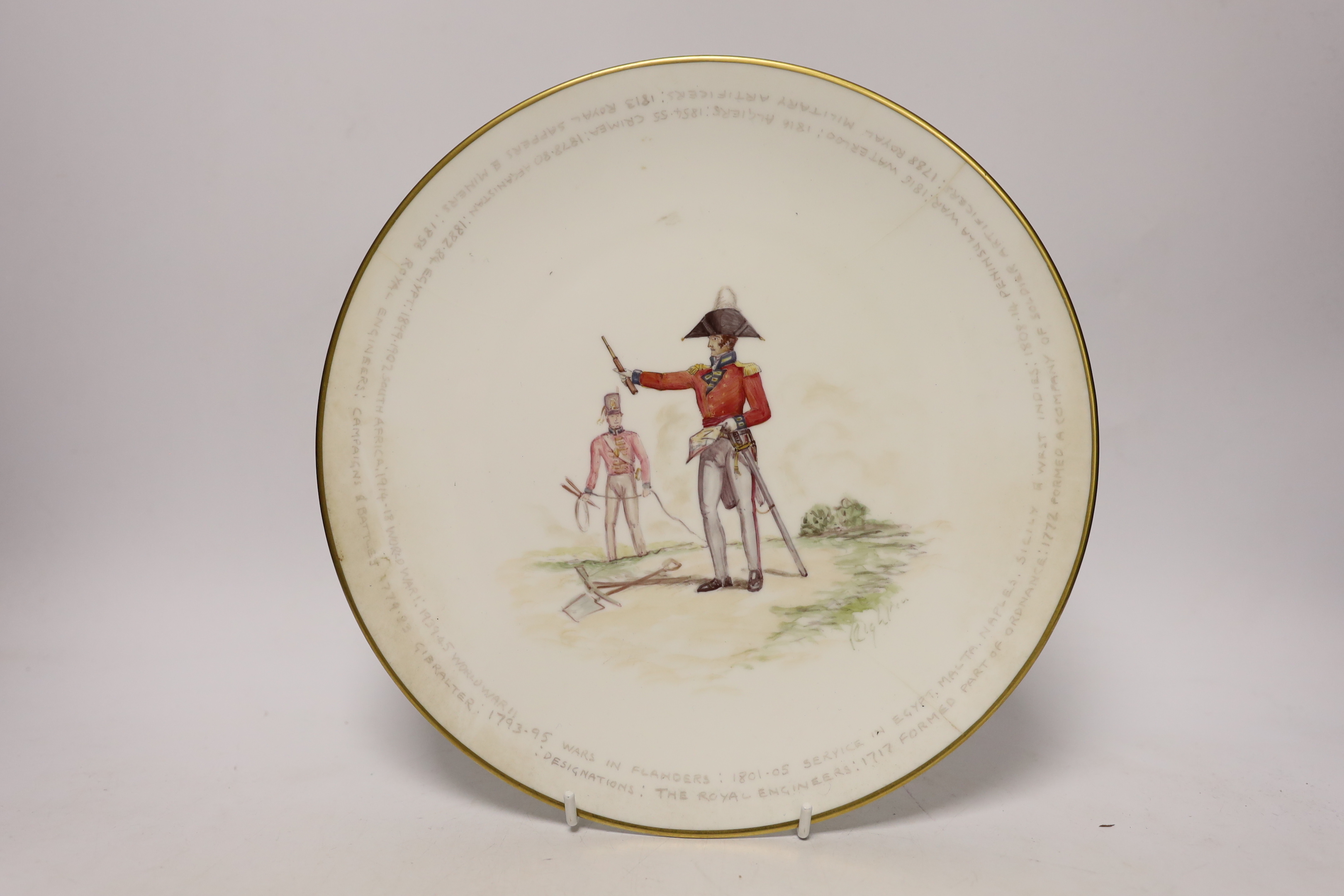 International Exhibition souvenir nursery plate 1862, a Royal Engineers plate and a jug, 20cm